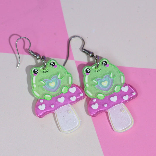 Toad-ally cute glitter frog mushroom kawaii earrings